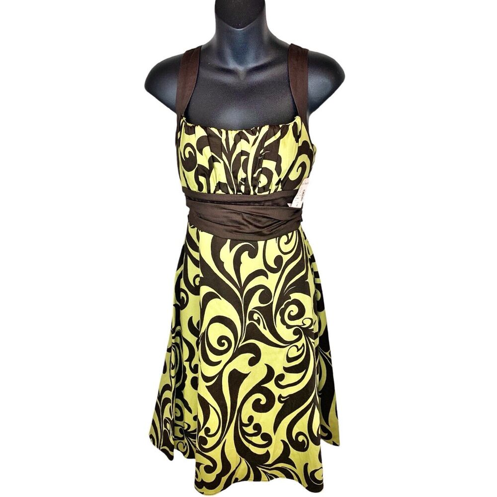Dressbarn Fit‎ & Flare Dress Strappy Green & Brown Scroll Print - Size 4 - NWT